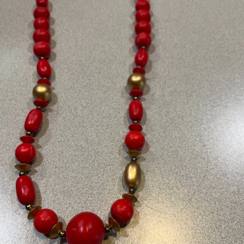 Bright red and gold wooden beaded necklace